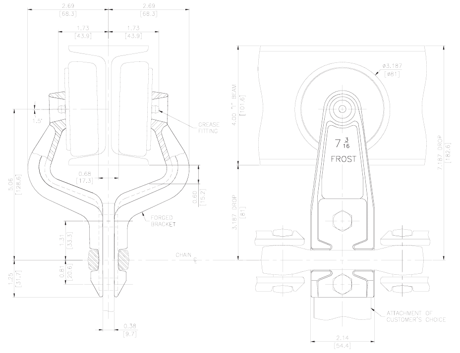 4” I-BEAM — TROLLEY X458 Chain — Vertical Hole — 7 3/16