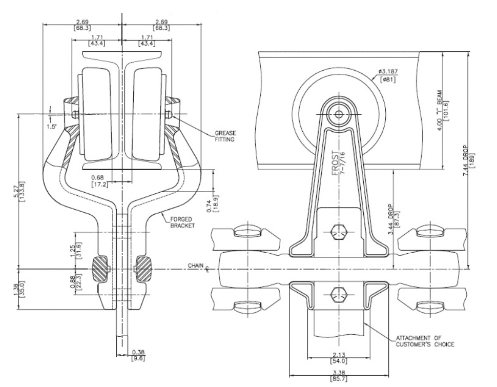 4” IBEAM — TROLLEY X678 Chain — Vertical Hole — 7 7/16” (188.9) Drop