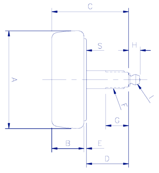 Dimension drawing of a Frost 3 in steel stud type trolley wheel