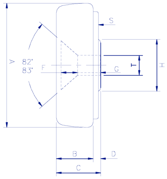 Dimension drawing of a Frost 6 in steel thru-bore trolley wheel
