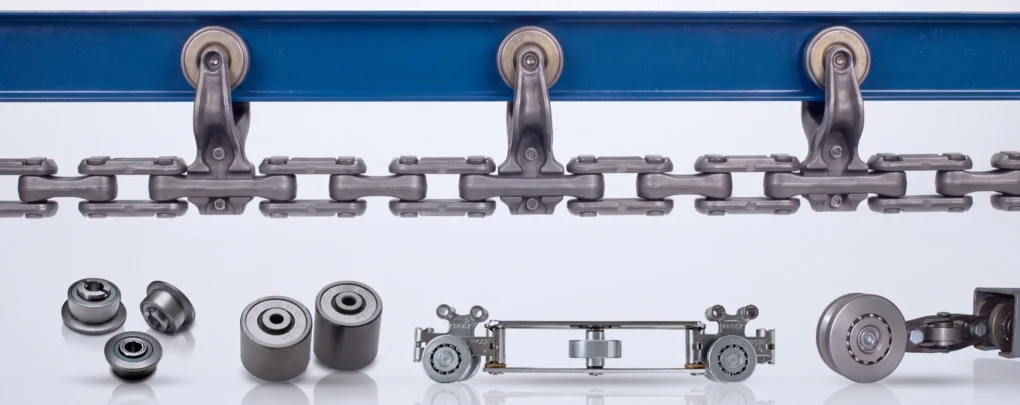 Frost overhead conveyor chain and trolleys on a blue I-beam above flat top wheels, roller turn rollers, continuous bakery chain and enclosed track chain